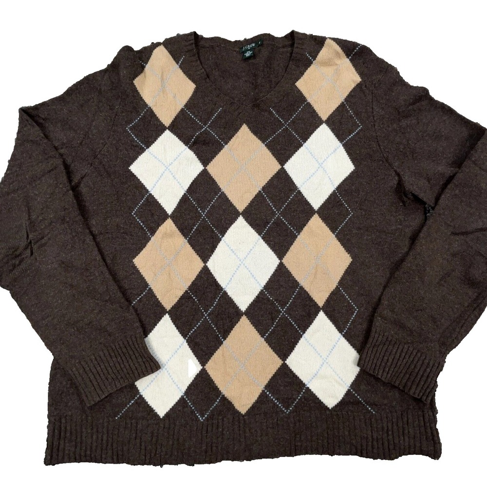 J Crew Sweater Men XL Brown Lambs Wool Knit Diamond V Neck Golf Preppy Grandpa *